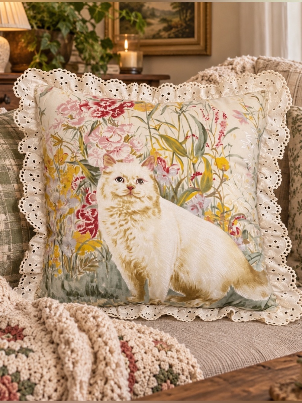 Vintage Floral Cat Pillow Throw Pillow with Eyelet Lace Ruffle Cottagecore Decor